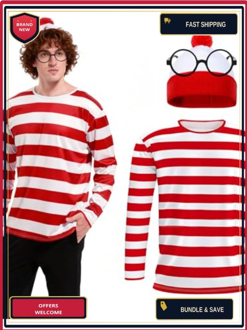 Men's Anime Cosplay Costume Set Long Sleeve Striped Top Hat Glasses